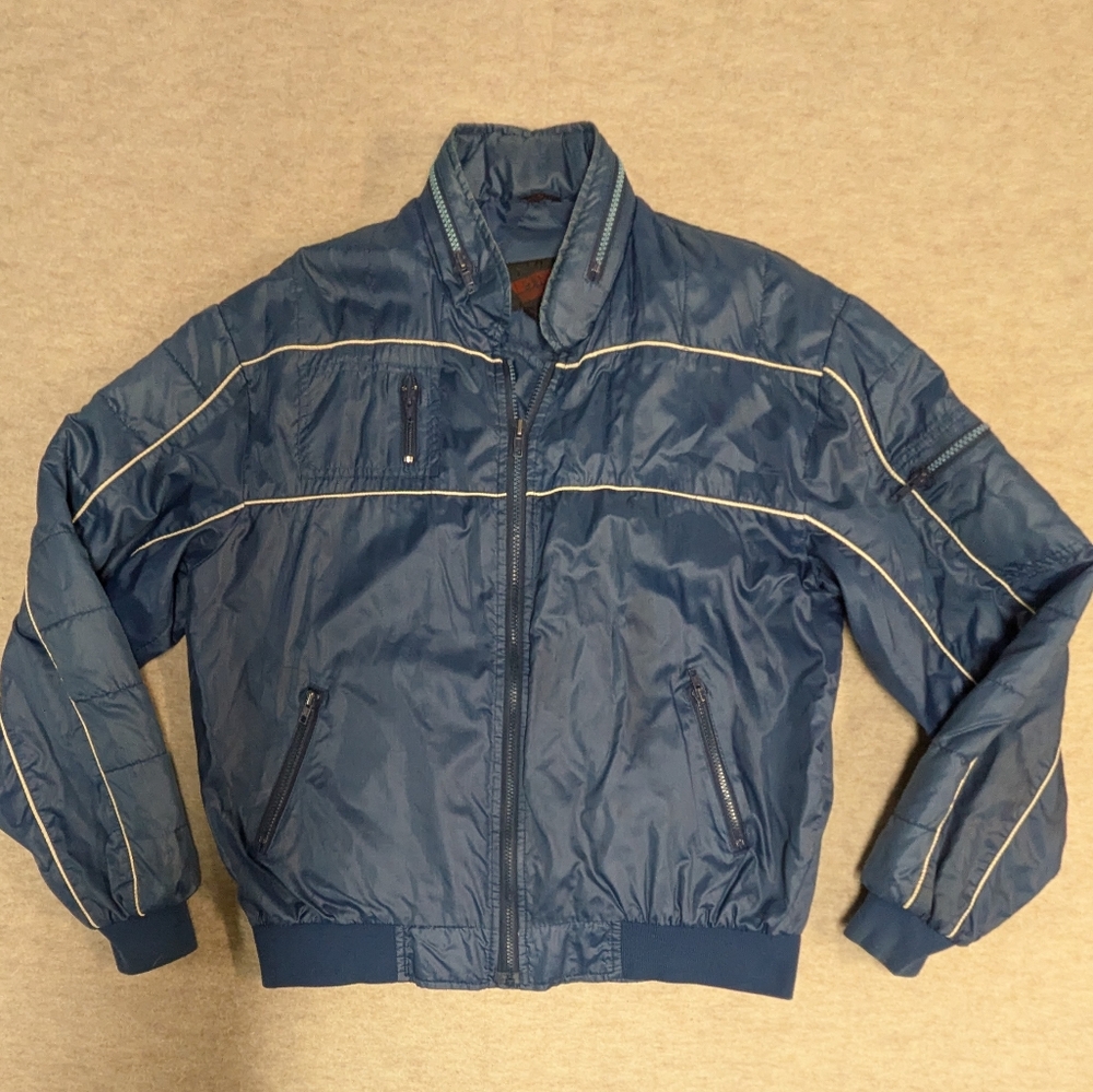 Vintage Windbreaker Jacket Coat Navy Blue Hidden Hood Bomber Rain Size Large